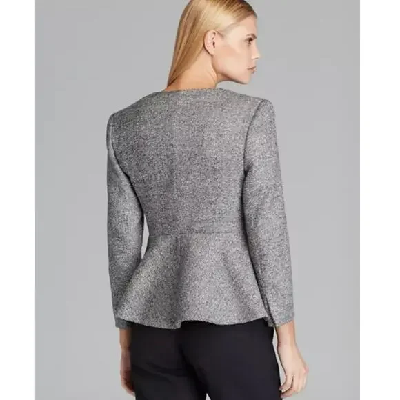 MaxMara Italy Gray Tweed Virgin Wool Silk Full Zip Collarless Peplum Blazer - Picture 2 of 6